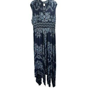 Bila Women's Maxi Dress Size Medium Blue Floral Sleeveless Boho Handkerchief Hem